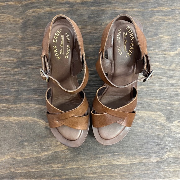 Kork-Ease brown leather platform wedge sandal 9 - Picture 2 of 12
